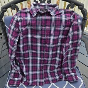Banana Republic Factory Plaid Button Down Cotton Dress Shirt Purple Navy White S
